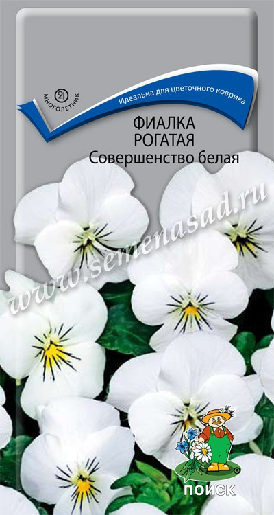 Виола (фиалка) Совершенство Белая рогат. 0.1г Поиск, Идеальное растение для цветочного коврика.